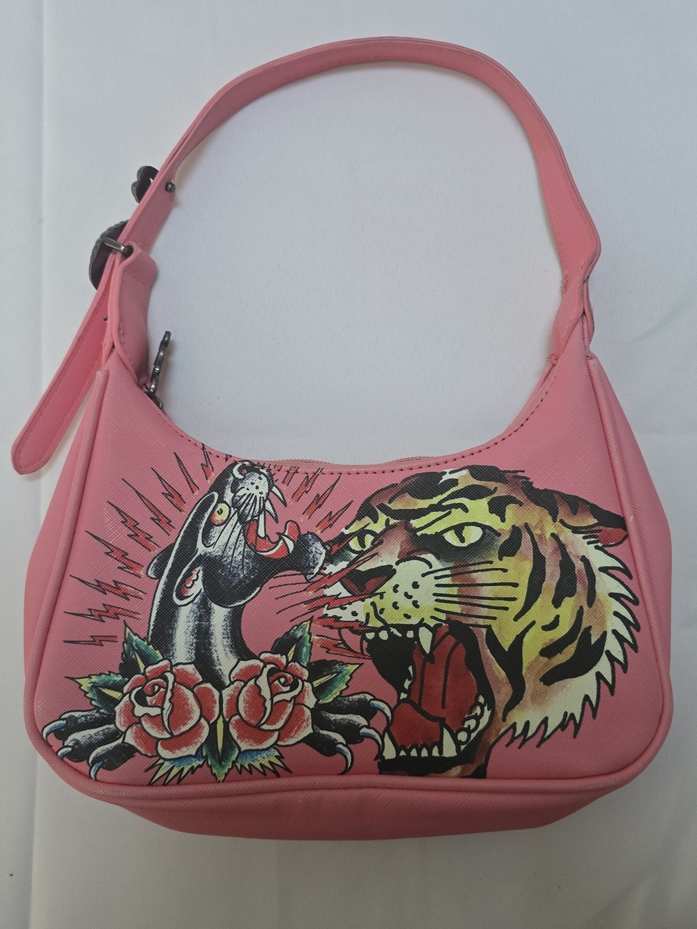 Ed Hardy Pink Shoulder Bag with Tiger & Panther Graphic
